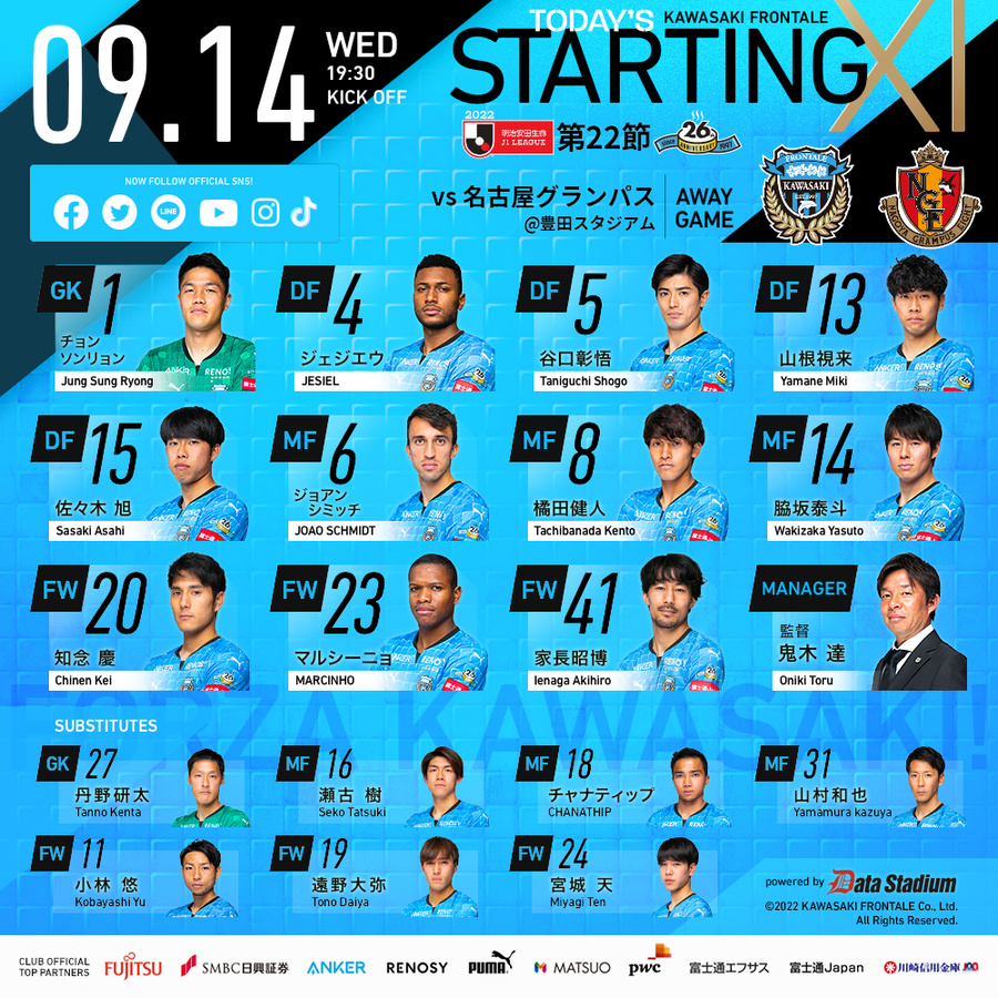 明治安田生命j1リーグ第22節 名古屋グランパス スタメン発表 川崎フロンターレ 観るなら Dazn で Frontale 川崎区 川崎区民ニュース