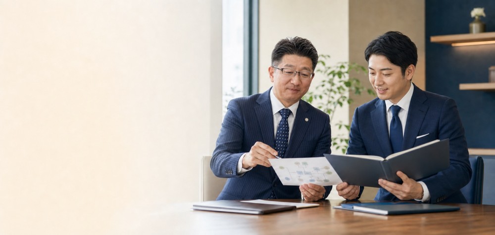 相続案件の資料を見ながら若手税理士と協力して検討する鷹取正典税理士
