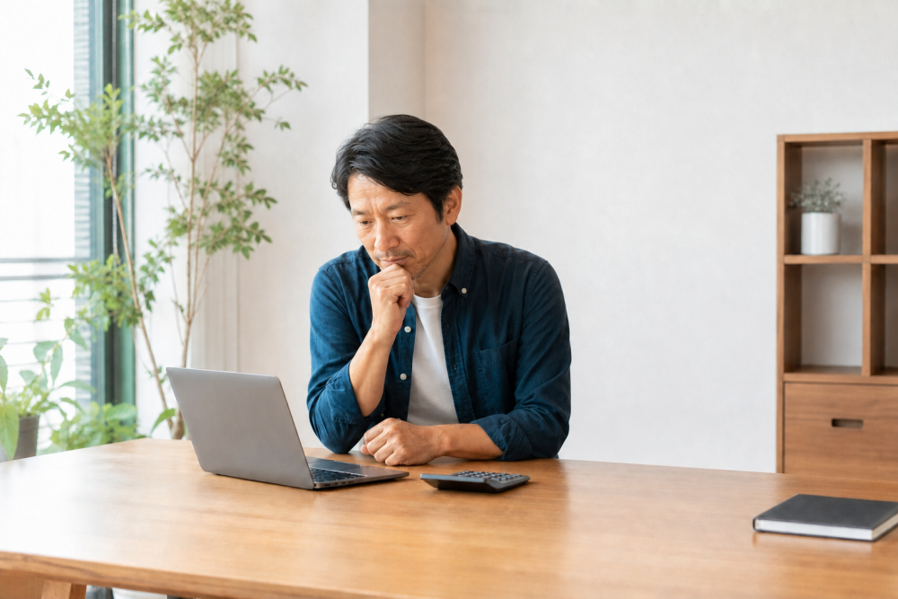 ノートPCを見ながら税金について考える経営者