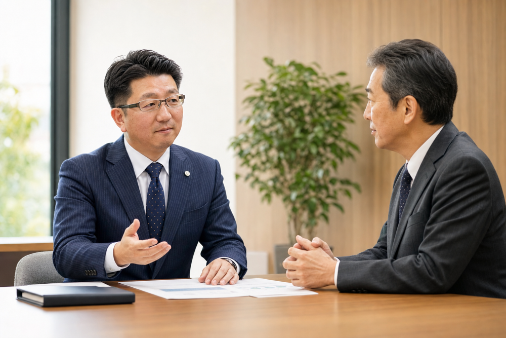 鷹取正典税理士が経営者から事業承継の相談を受ける様子